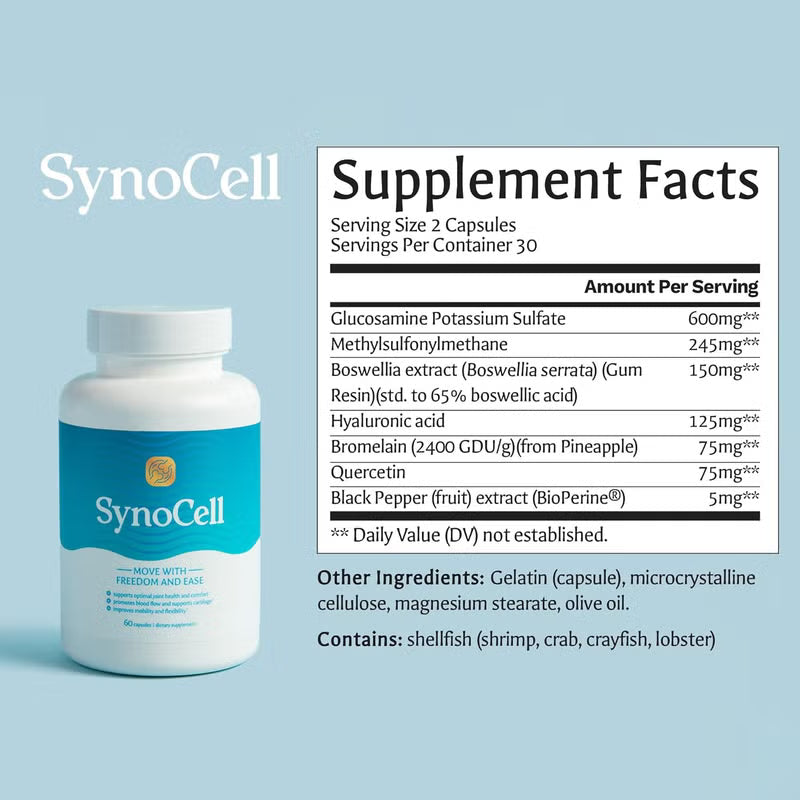 مجموعة مكمل SynoCell لصحة المفاصل من قطعتين | 60 كبسولة | تحرك بحرية وسهولة | دعم الغضاريف وتدفق الدم ومرونة المفاصل