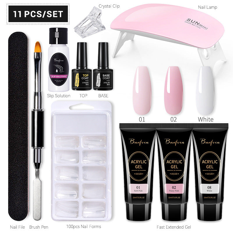 Baafven 11PCS Acrylic Gel Nail Extension Kit | Poly Gel Set with UV LED Nail Lamp, Top & Base Coat, Nail Forms & Tools