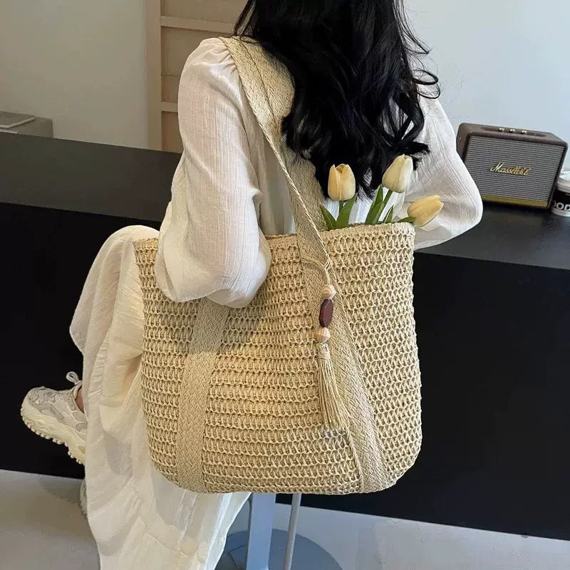 Natural Woven Straw Tote Bag with Tassel | Beach Crochet Shoulder Bag