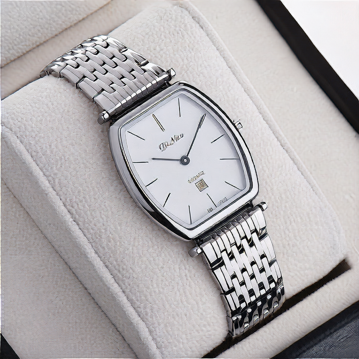 Di Nao His & Hers Couple Watch Set | Silver Tonneau White Dial Date Quartz Stainless Steel Matching Watches