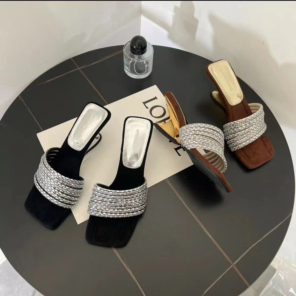 Black Crystal Multi-Row Rhinestone Strap Mule Heels for Women | Silver Diamond Wide Band Square Toe Block Heel Mules | Luxury Embellished Slip-On Evening Heels | Glamorous Party Mule Sandals