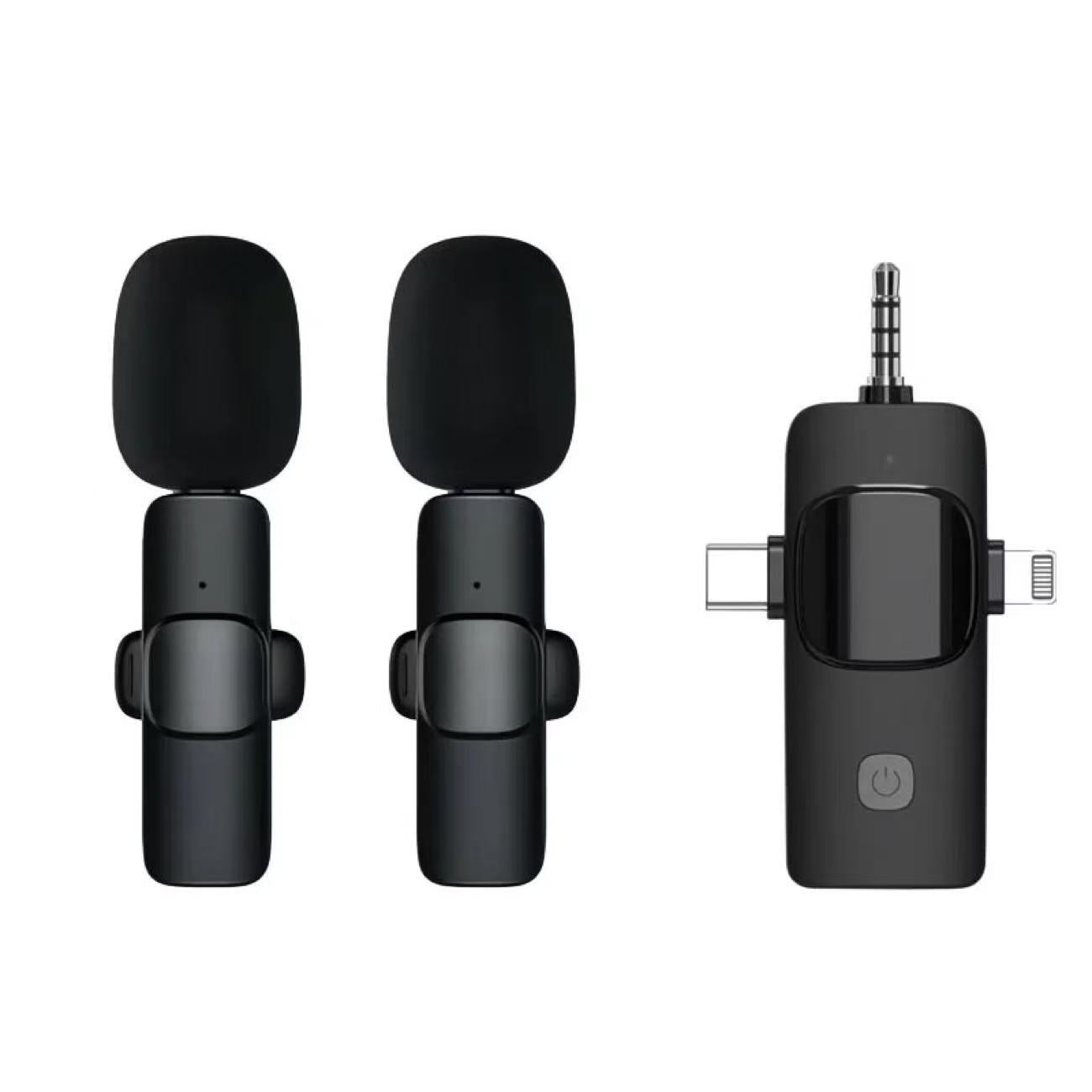 K15 Wireless Lavalier Microphone 1-to-2 | Dual Clip-On Mic for iPhone Android & Camera | USB Type-C Lightning 3.5mm Vlogging Mic