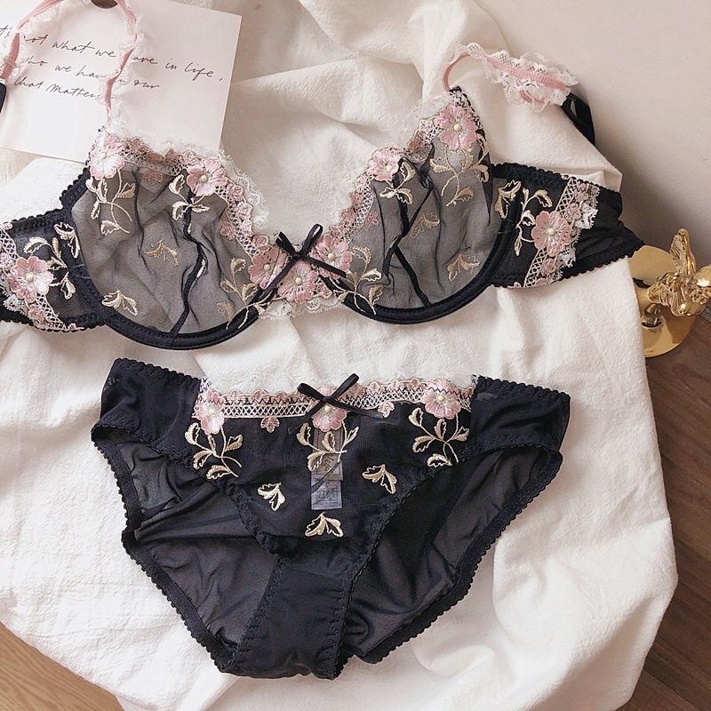 Women's Black Floral Embroidered Lace Bra and Panty Set Sexy See-Through Mesh Underwire Push Up Lingerie Set