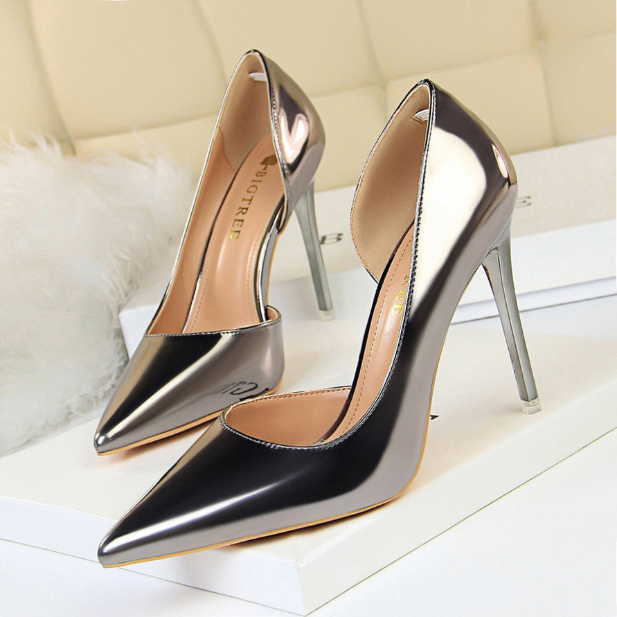 Black Patent Leather D'Orsay Stiletto Pumps Women Pointed Toe Cut Out High Heel Office Party Dress Shoes