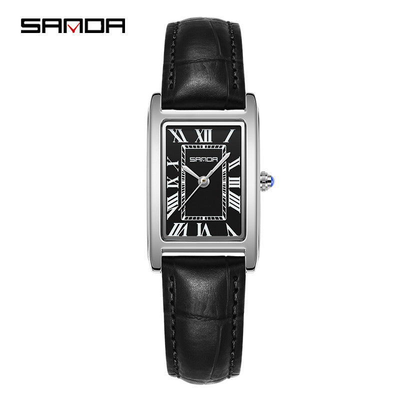 SANDA Women's Rectangle Rose Gold Watch | White Roman Numeral Dial Blue Hands Black Leather Strap Classic Quartz Timepiece