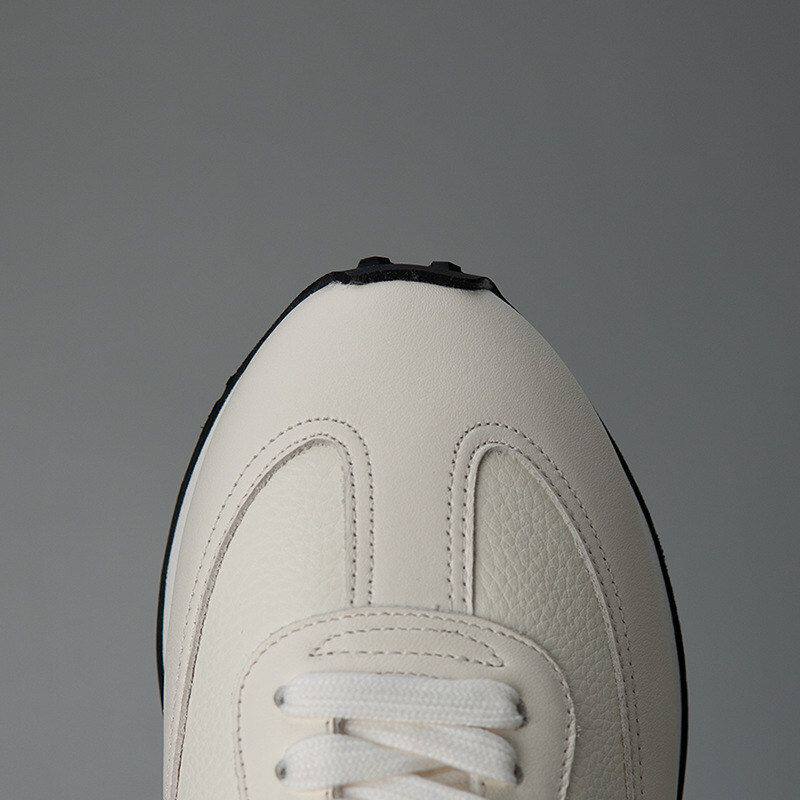 Cream Leather Retro Runner Sneakers | Minimalist Off White Lace-Up Casual Trainers | Vintage Style Low Top Leather Sneakers | Quiet Luxury Everyday Running Shoes