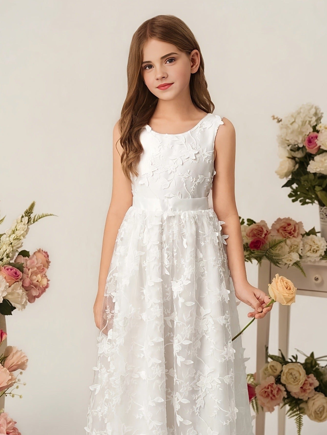 Girls White Floral Lace Maxi Dress Sleeveless Flower Girl Wedding Dress First Communion Princess Party Gown