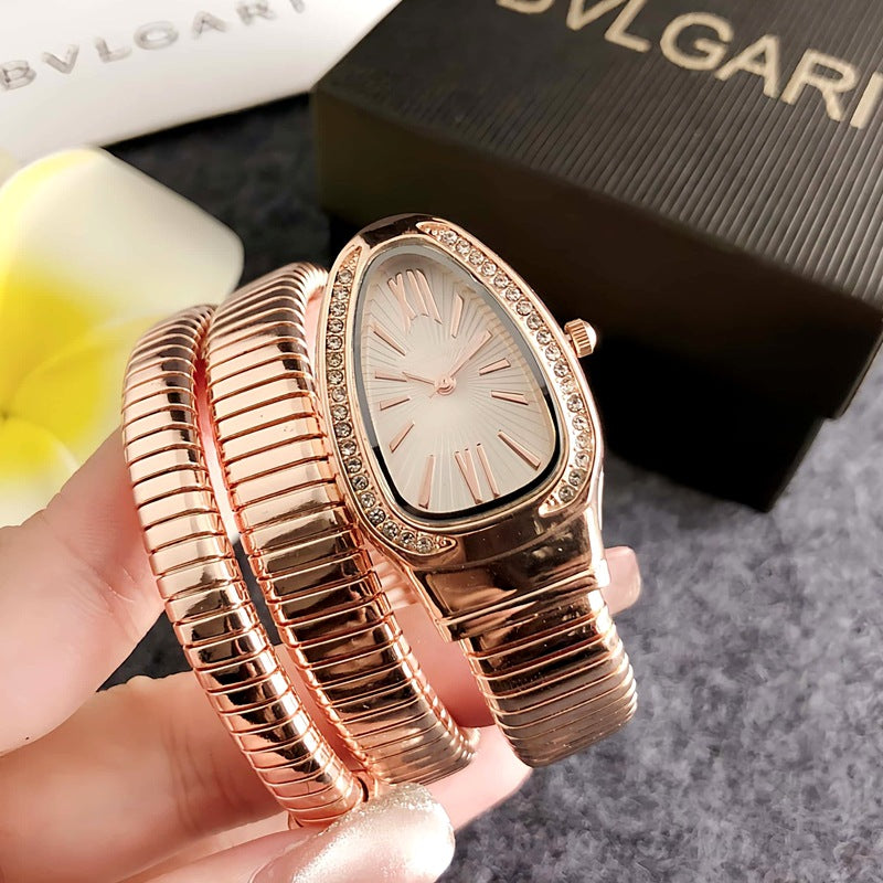Gold Snake Coil Watch Women | Crystal Diamond Bezel | White Sunray Roman Dial | Serpenti Style Wrap Bracelet Luxury Watch