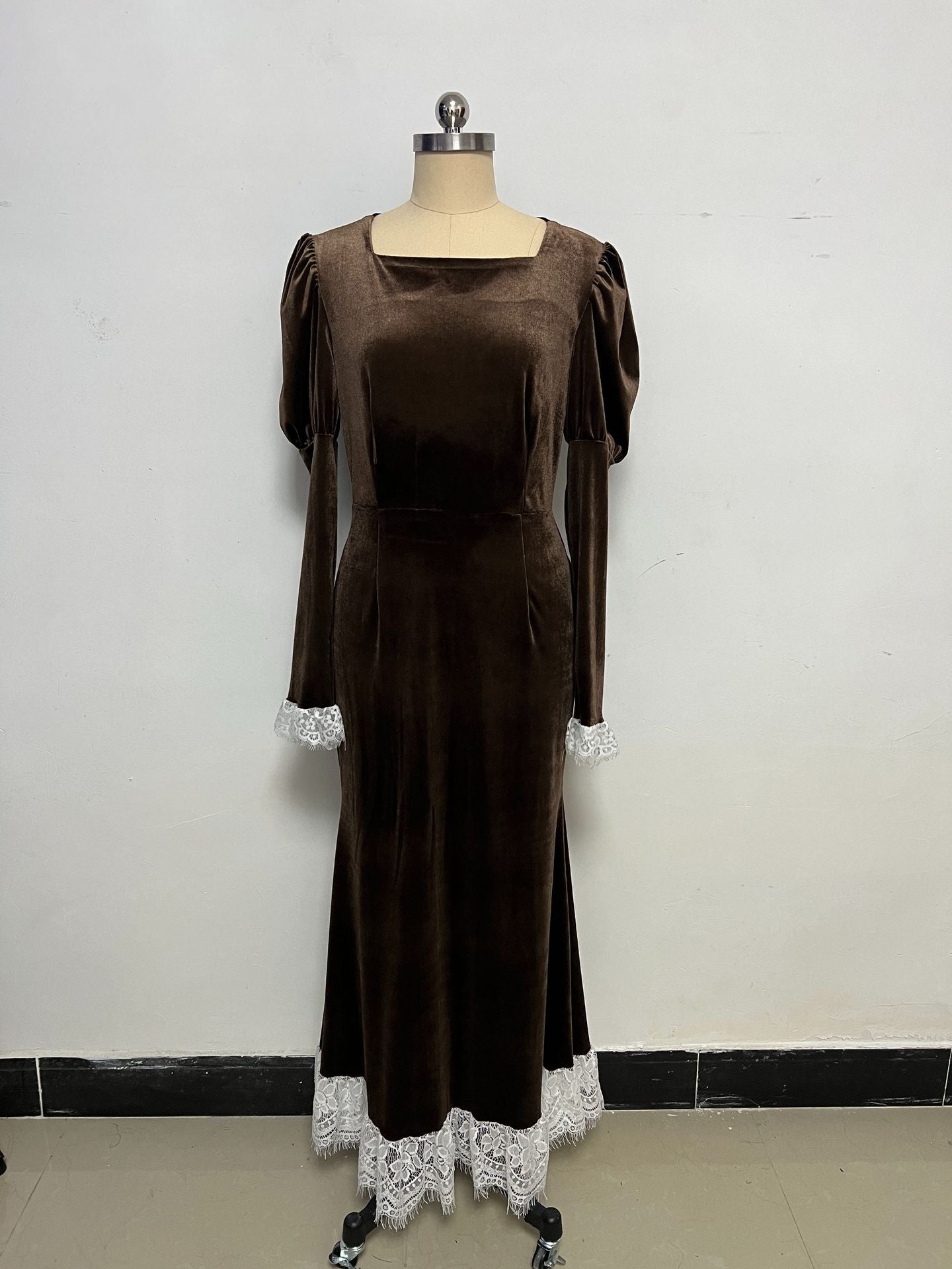Black Velvet Maxi Dress with White Lace Cuffs & Hem | Women's Long Sleeve Square Neck Elegant Evening Gown