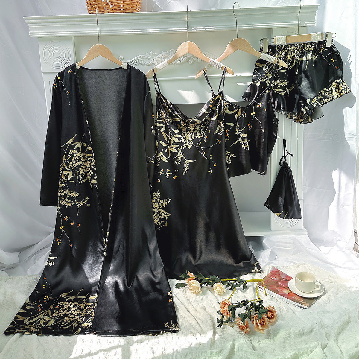 Women's 5-Piece Satin Floral Pyjama Set | Black Silk-Feel Robe, Slip Dress, Cami Top, Shorts & Bag | Luxury Sleepwear Gift Set