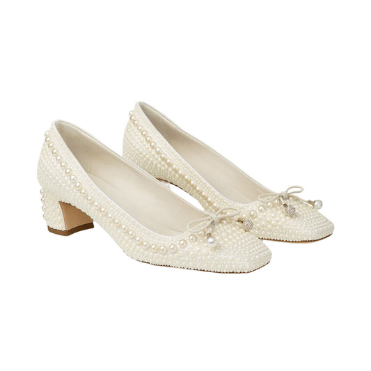 Ivory All-Over Pearl Embellished Block Heel Pumps for Women | Fully Covered Pearl Bow Bridal Wedding Heels | Luxury Pearl Low Block Heel Court Shoes | Designer Inspired Pearl Bridal Pumps