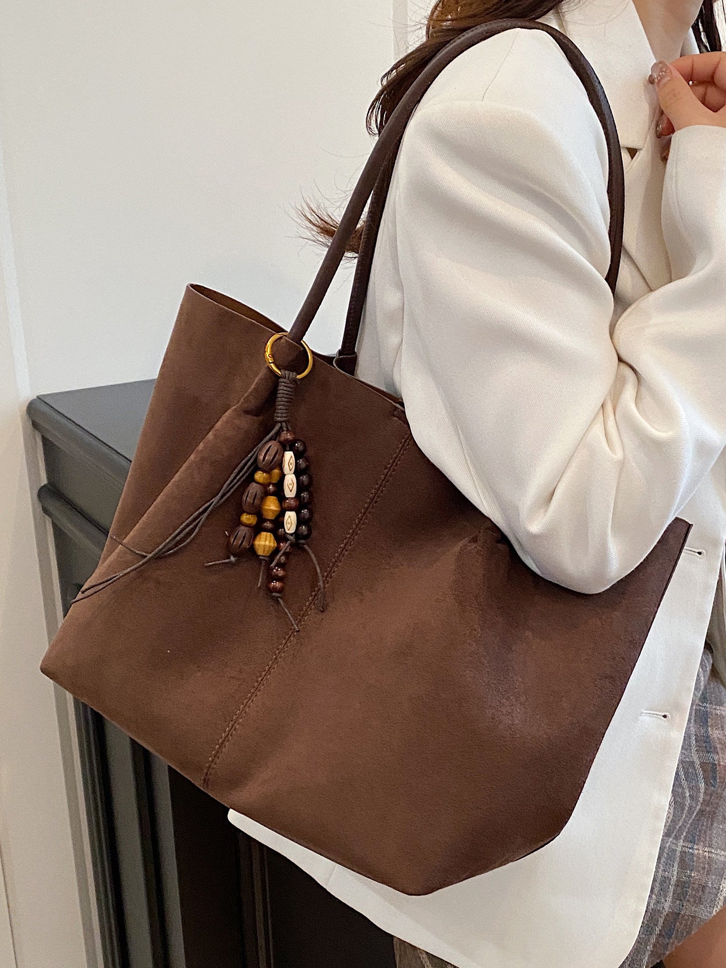 Olive Green Suede Tote Bag with Wooden Bead Charm | Large Shoulder Bag