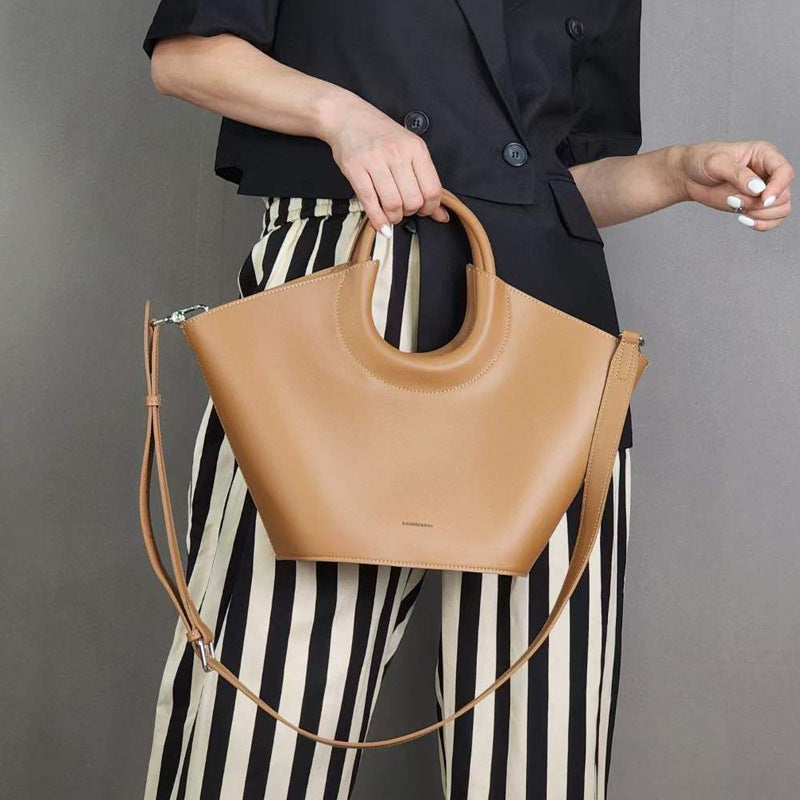 Cowhide High-End French Fashion Commuter Special Bag Niche Design Vegetable Basket Bag Brown Structured Tote Bag with Cutout Handle | Modern Trapezoid Leather Bag
