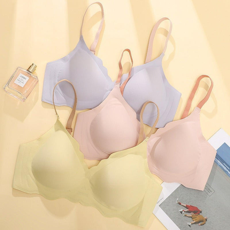 Nahtloser Bügelloser BH für Damen | Glatter T-Shirt-BH | Elfenbeinfarben ohne Bügel | Verstellbare graue Träger