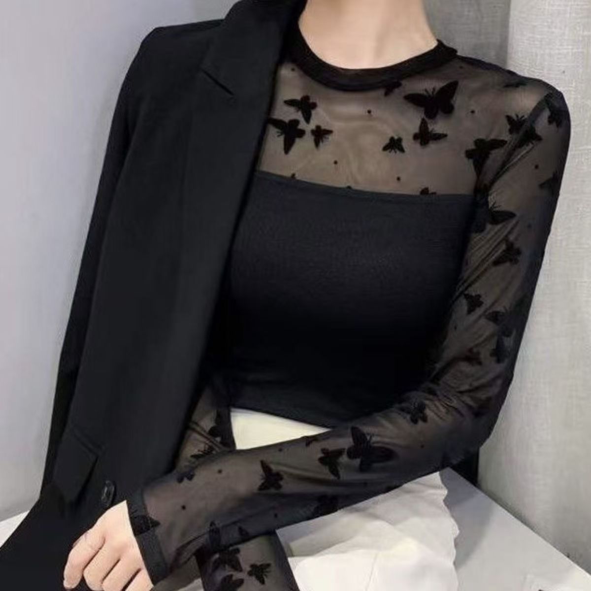 Womens Mesh Layered Slim Fit Shirt