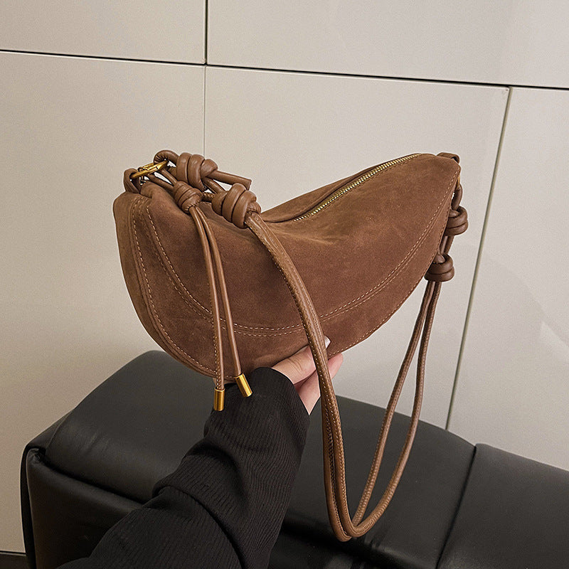 Suede Crescent Shoulder Bag with Knotted Strap & Gold Hardware | Women's Half Moon Hobo Bag in Brown | Trendy Minimalist Crossbody for Everyday & Going Out