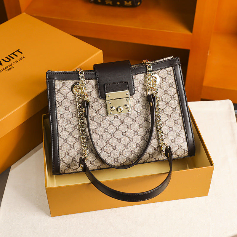 Genuine Leather Beige Monogram Canvas Tote Bag with Gold Chain | Designer Style Handbag