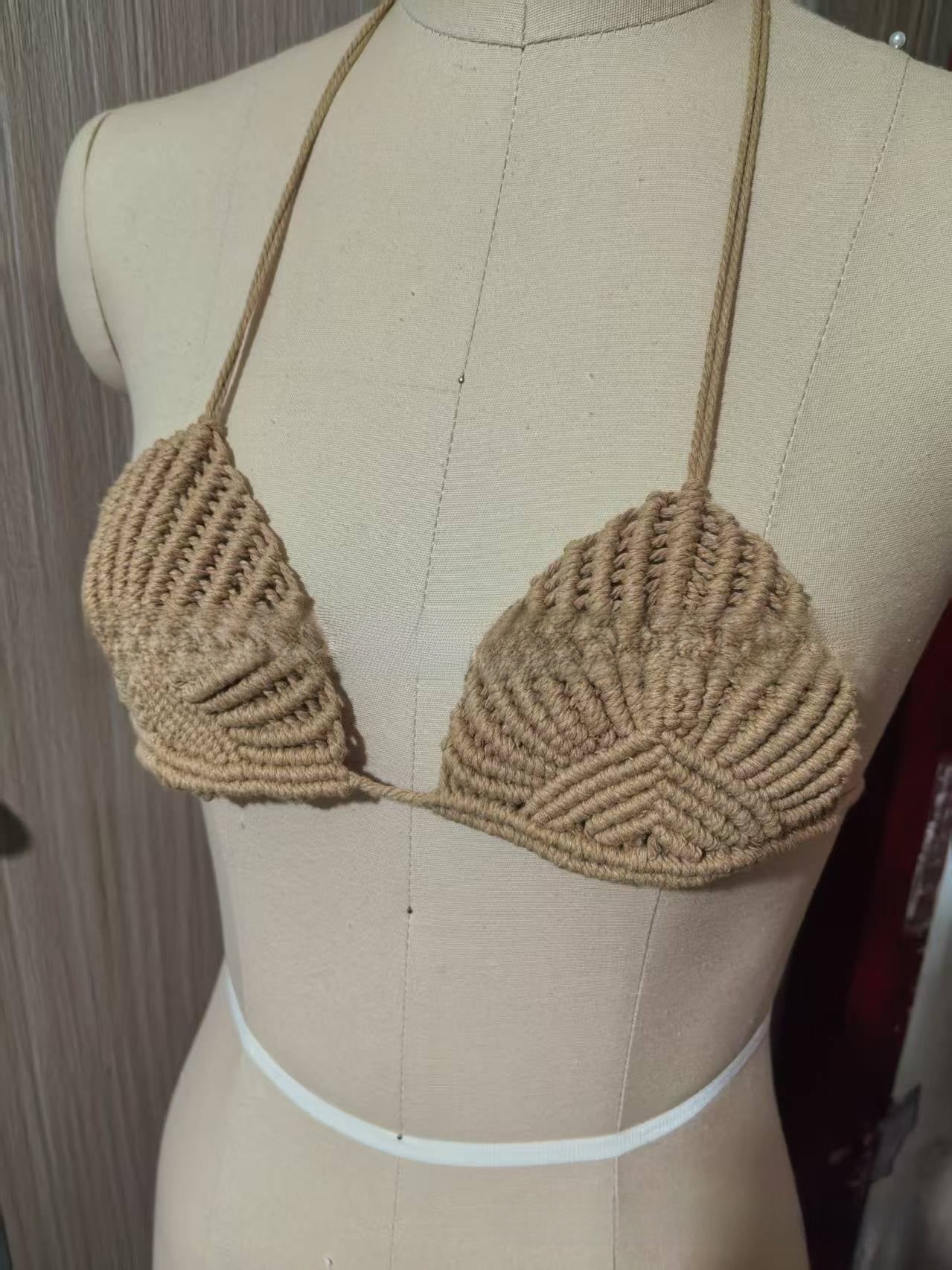 Gold Crochet Macrame Bikini Set Triangle Halter Top Net Fringe Wrap Skirt Boho | Women Three Piece Swimwear Beach Vacation Resort Luxury Summer