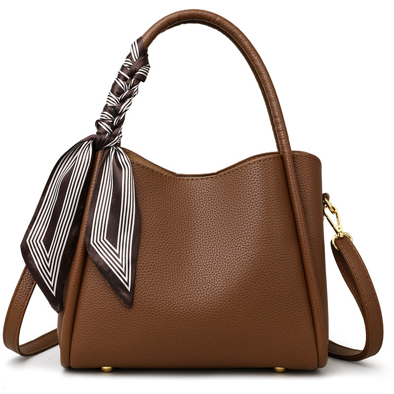 Black Leather Tote Bag Women | Scarf Handle Shoulder Handbag | Pebbled Crossbody Satchel Bag with Silk Ribbon Detail