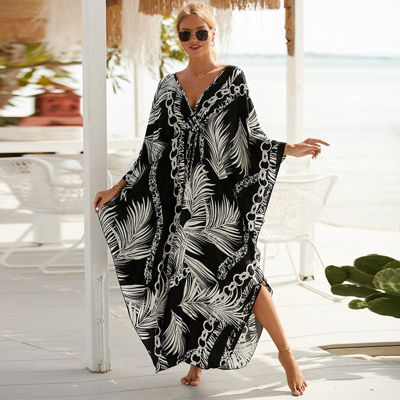 Kaftano lungo stampato da mare | Abito boho oversize con maniche a pipistrello e scollo a V | Copricostume da bagno da donna con fantasia tie-dye, zebrata o a foglie tropicali, in stili diversi