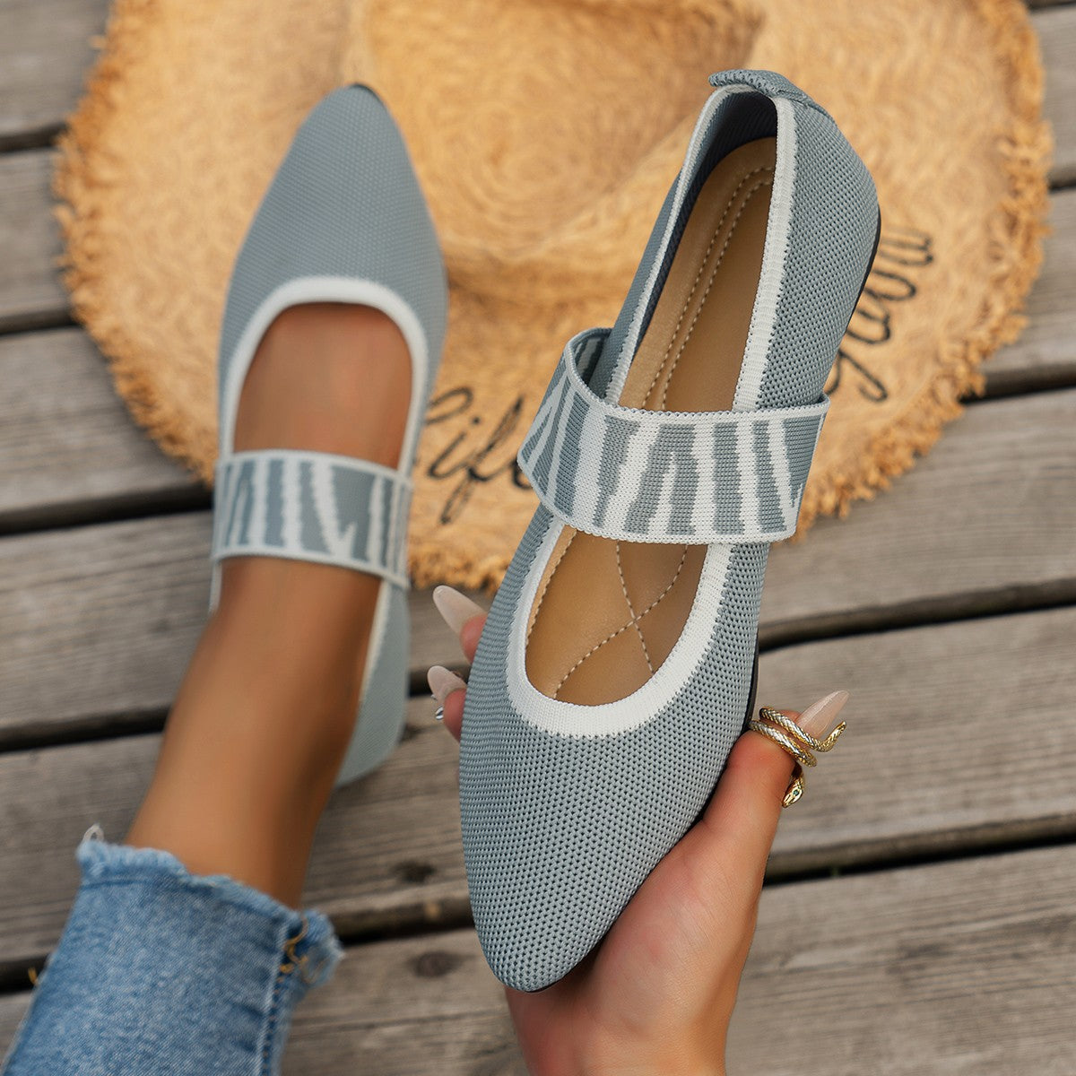 Black Knit Pointed Toe Flats Women Geometric Stripe Strap Slip-On Breathable Ballet Shoes Casual Daily