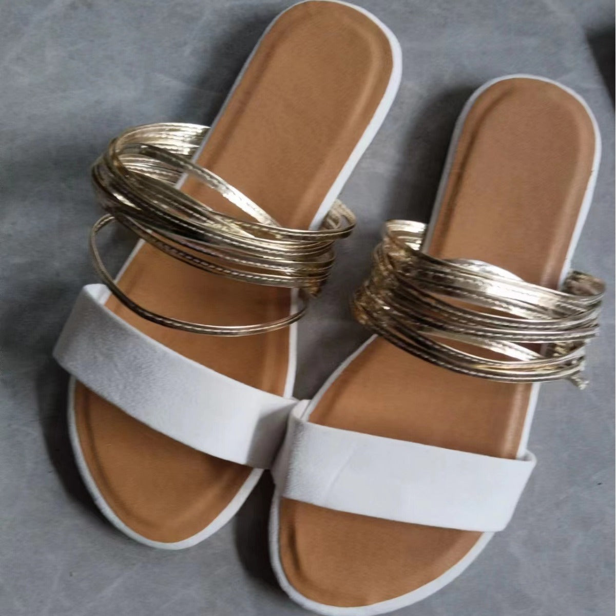 Black Suede Multi Gold String Strap Flat Sandals | Women's Boho Open Toe Slide Sandals