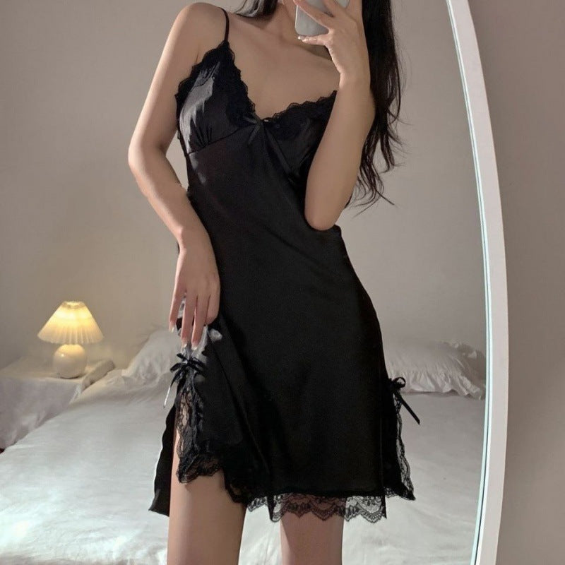 Women's White Satin Lace Trim Babydoll Nightgown | Spaghetti Strap Bow Tie Mini Slip Dress | Bridal Romantic Sleepwear Lingerie Chemise