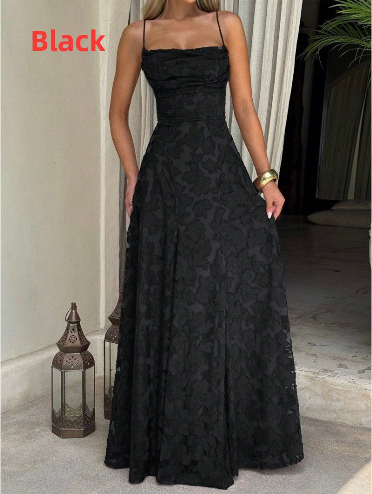 Burgundy Lace Floral Maxi Dress | Spaghetti Strap A-Line Formal Evening Gown