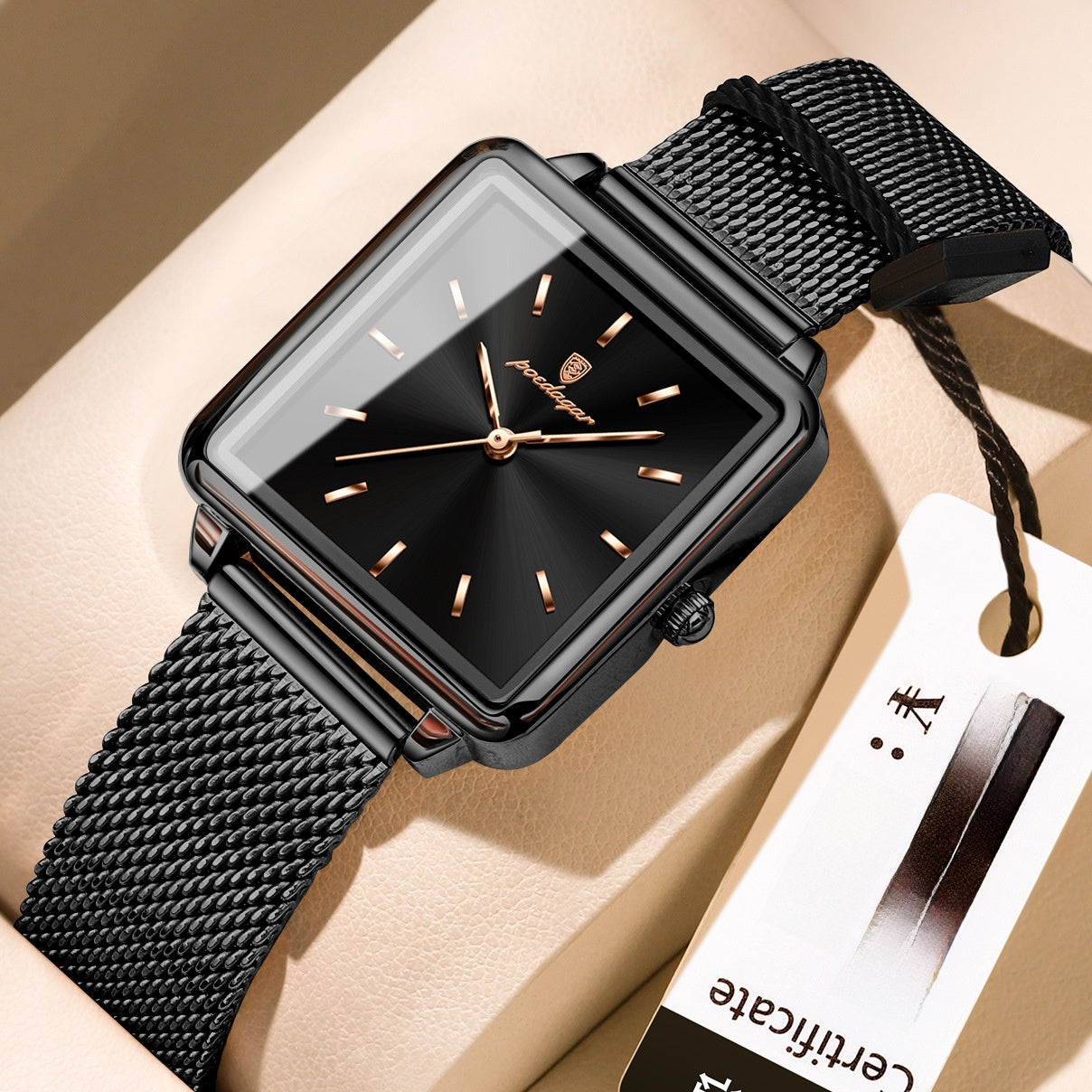 Poedagar Women's Rose Gold Square Watch | Sunburst Dial Mesh Strap Minimalist All Rose Gold Quartz Watch