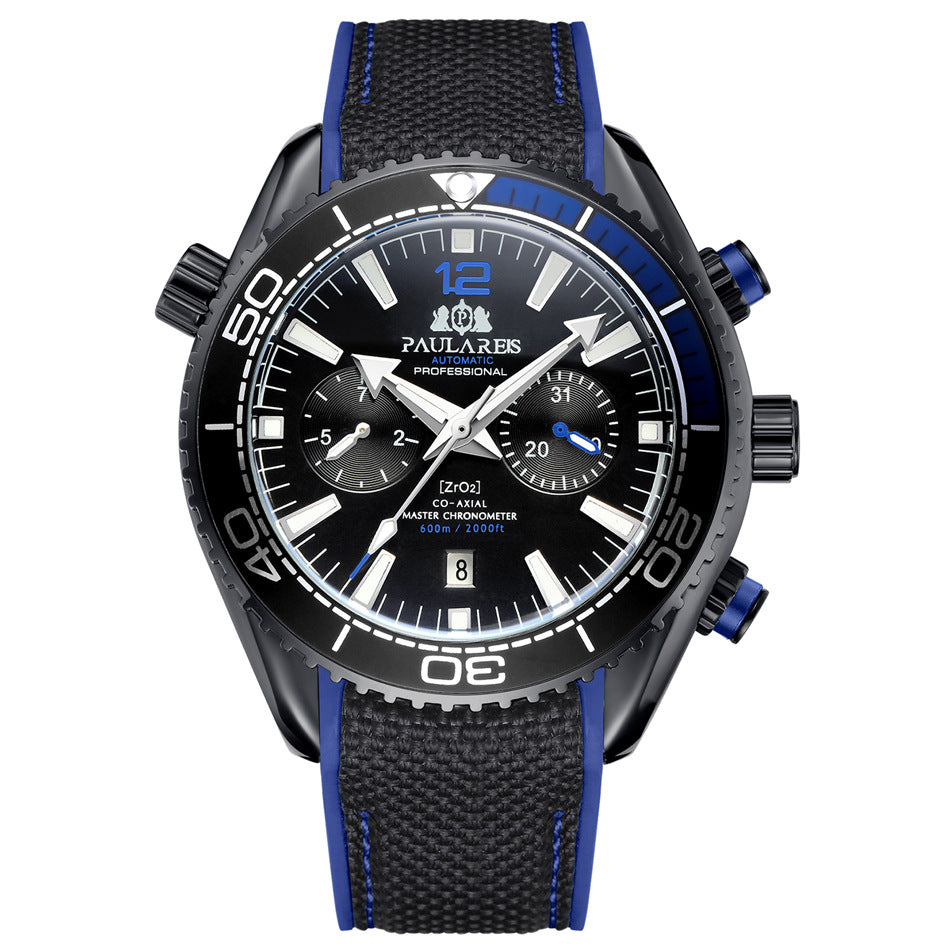 Paulareis Automatic Professional Diver Chronograph Watch | ZrO2 Co-Axial Master Chronometer 600m | Black & Orange Rubber Strap Men's Watch