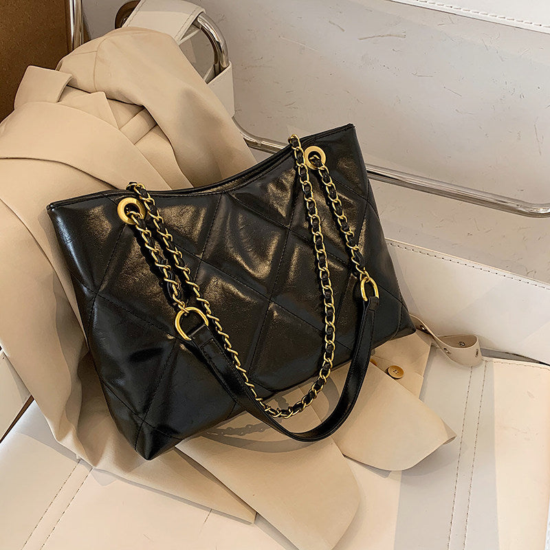 Cream White Quilted Leather Tote Bag with Gold Chain Straps | Diamond Stitched Shoulder Bag