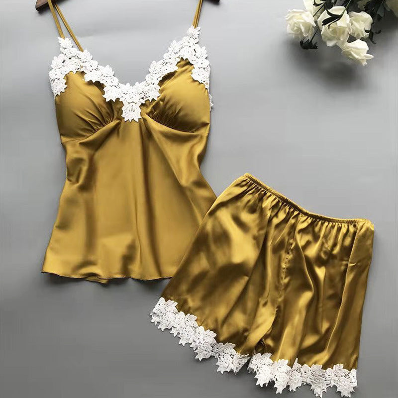 Pigiama da donna in raso malva con stampa cuori bianchi, canotta e pantaloncini con pizzo - Completo da notte in seta a 2 pezzi