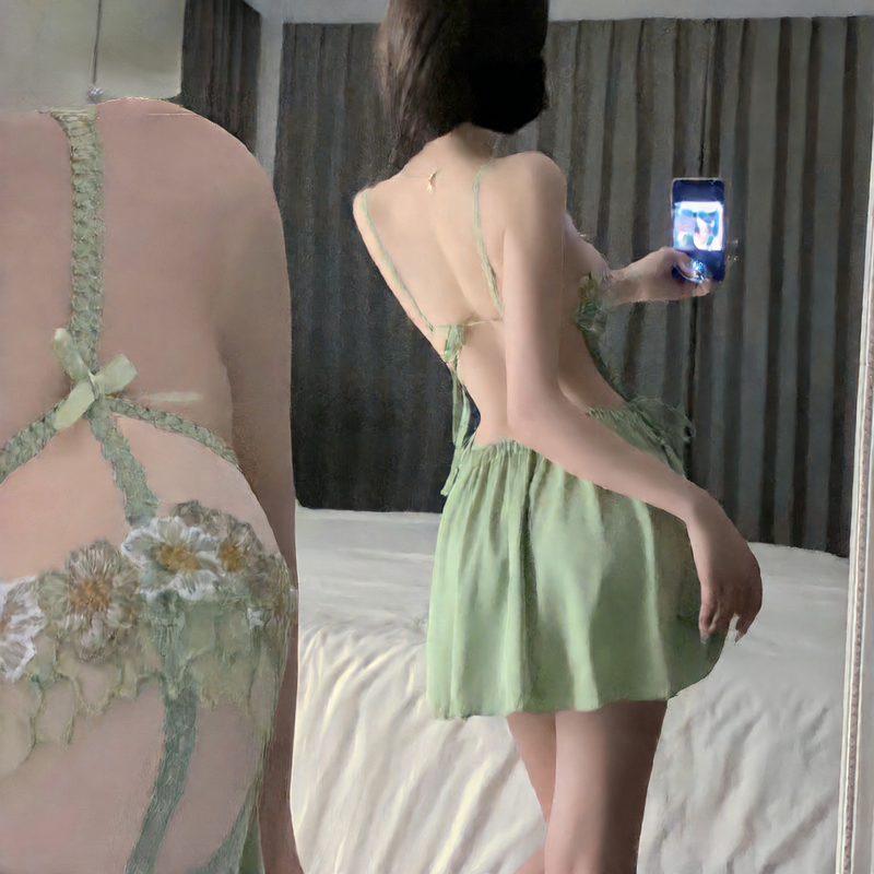 Women's Green Satin Lace Babydoll Lingerie Set Sexy Hollow Out Chemise Mini Slip Dress with Robe