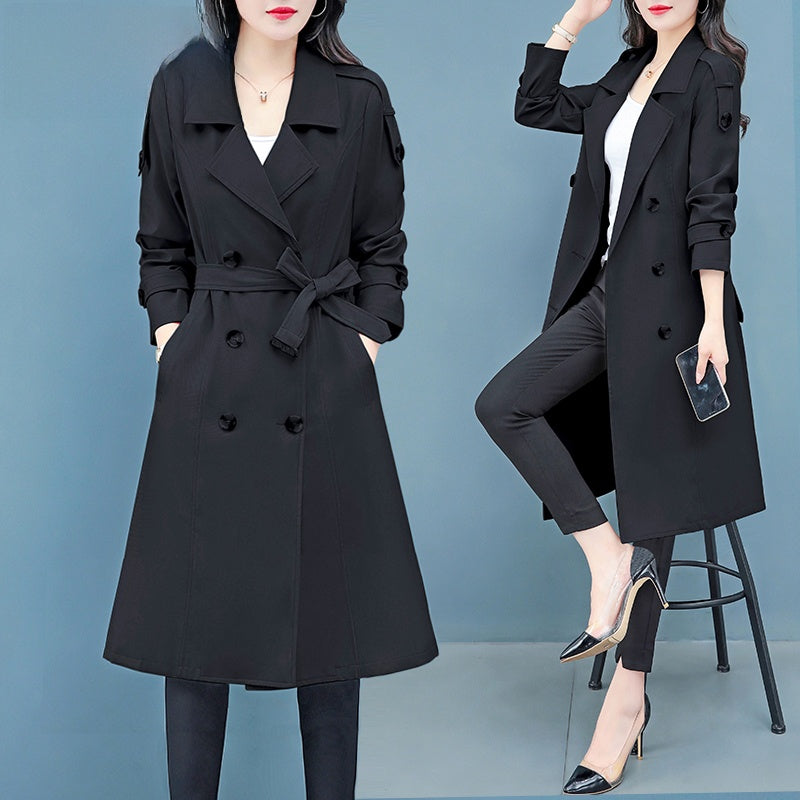 Women's Double-Breasted Trench Coat | Classic Khaki Mid-Length Windbreaker with Notch Lapel & Cuff Buttons | Elegant Slim Fit Autumn Overcoat