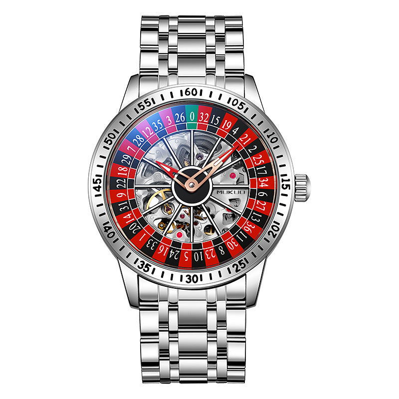 Roulette Wheel Skeleton Watch Men | Red Blue Casino Dial | Black Steel Bracelet | Hollow Tourbillon Style Automatic Watch