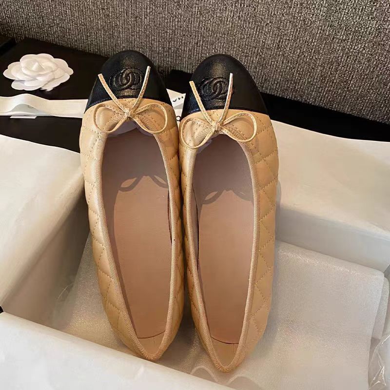 CHANEL Beige & Black Lambskin Ballet Flats | Luxury Flat Shoes for Women