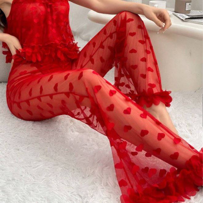 Women's Red Lace Ruffle Cami Top & Heart Print Mesh Wide Leg Pants Set | 2-Piece Romantic Lingerie Loungewear | Valentine's Day Outfit