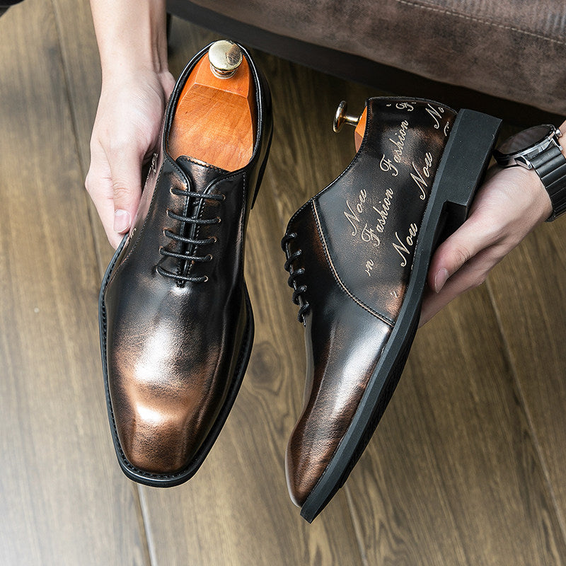 Men's Black Bronze Patina Leather Oxford Dress Shoes | Script Embossed Luxury Lace-Up Formal Shoes