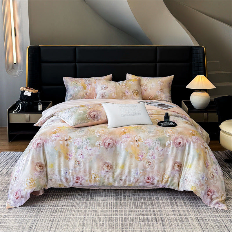 Luxury Floral Satin Bedding Set - Romantic Pink Purple Botanical Print Duvet Cover with Pillowcases - Silky Soft Egyptian Cotton Style Bed Linen Set for Queen King - Elegant Bedroom Decor