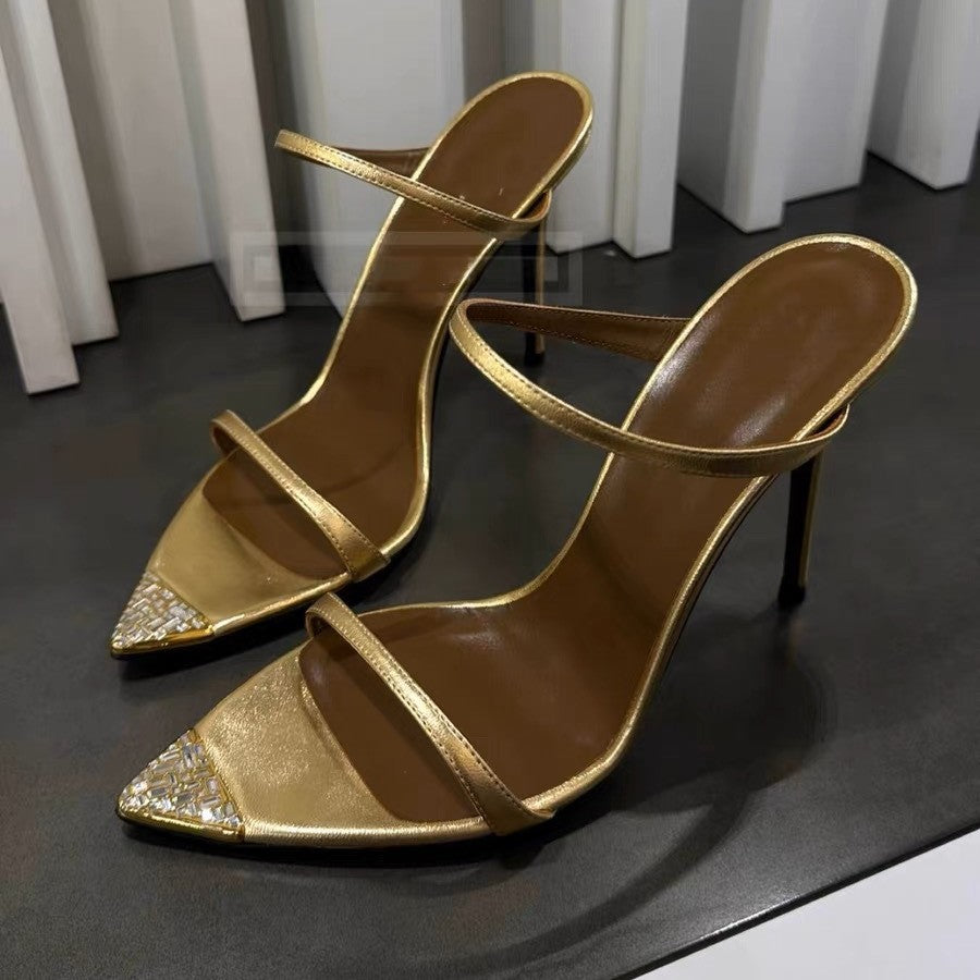 Black Patent Leather Strappy Heeled Sandals with Gold Pointed Toe Cap | Luxury Evening Shoes