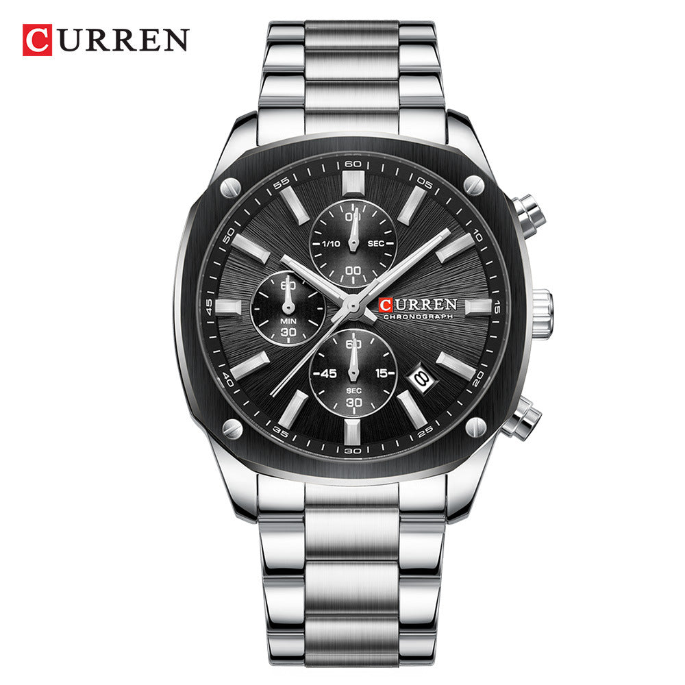 CURREN Men's Chronograph Watch | Stainless Steel Silver & Black Dial | Date Display, Sub-Dials & Quartz Movement | Luxury Business Sport Wristwatch