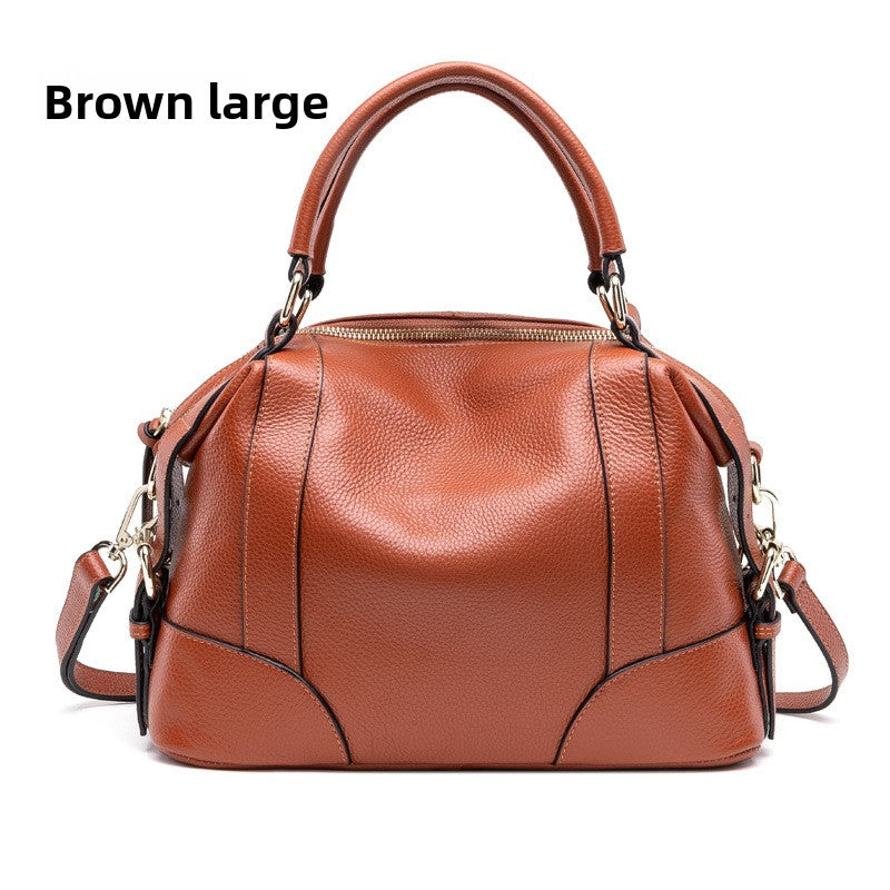 Small Brown Leather Satchel Bag - Cognac Bowling Bag with Dual Handles | Convertible Dome Handbag with Crossbody Strap
