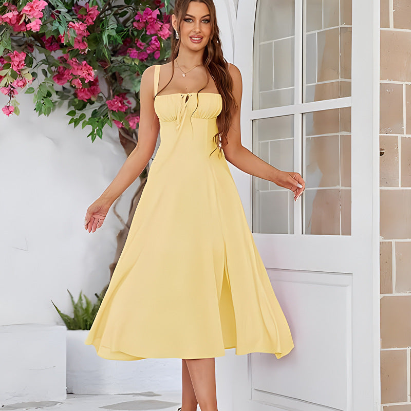 Women's Ruched Tie-Front Midi Dress | Spaghetti Strap A-Line Swing Dress | Elegant Summer Party Dress | Multiple Colors