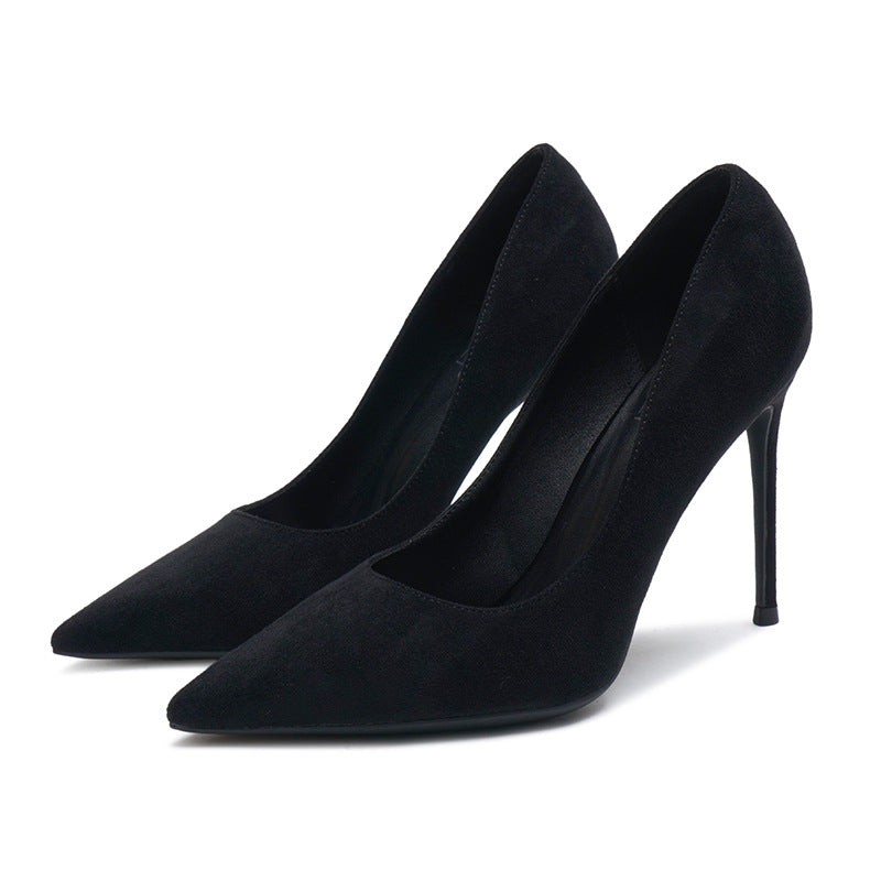 Black Suede Stiletto Pumps Women Pointed Toe Slip On High Heel Classic Minimalist Office Party Dress Shoes