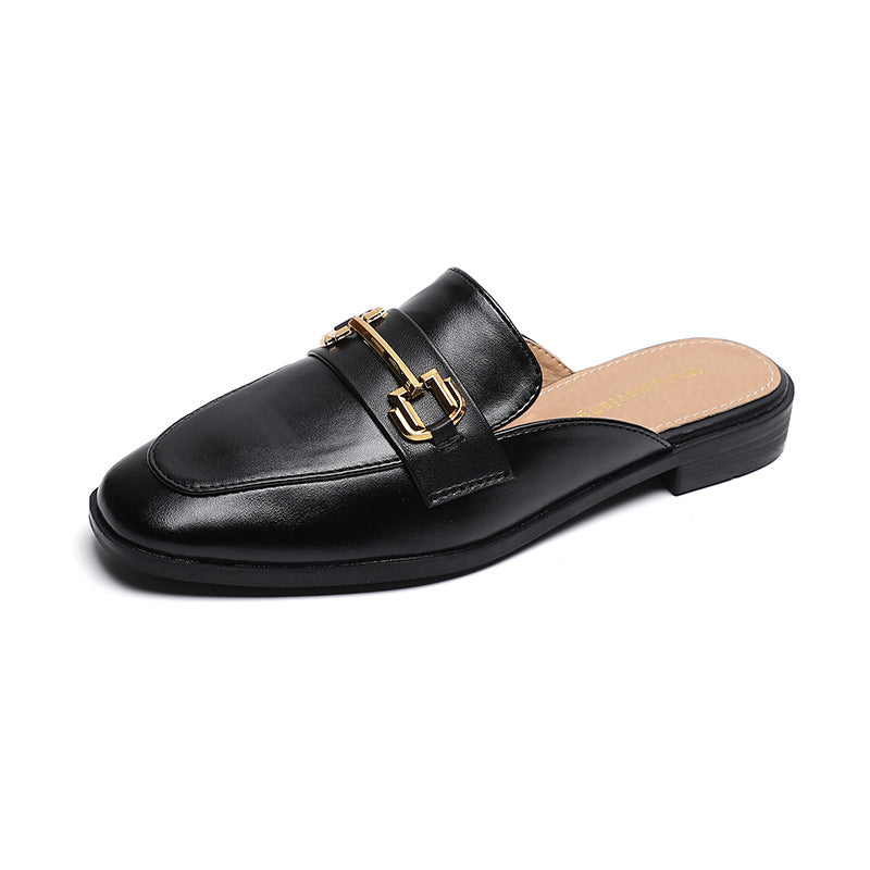 Women's Cream Leather Mule Loafers with Gold Chain Buckle ? Elegant Slip-On Backless Flat Shoes
