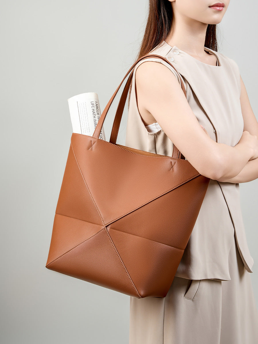 Black Leather Tote Bag - Minimalist Geometric Panel Shoulder Bag | Women's Large Capacity Work Shopping Tote