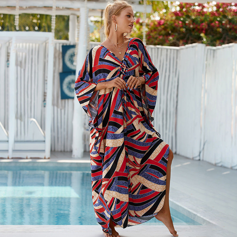 Kaftano lungo stampato da mare | Abito boho oversize con maniche a pipistrello e scollo a V | Copricostume da bagno da donna con fantasia tie-dye, zebrata o a foglie tropicali, in stili diversi