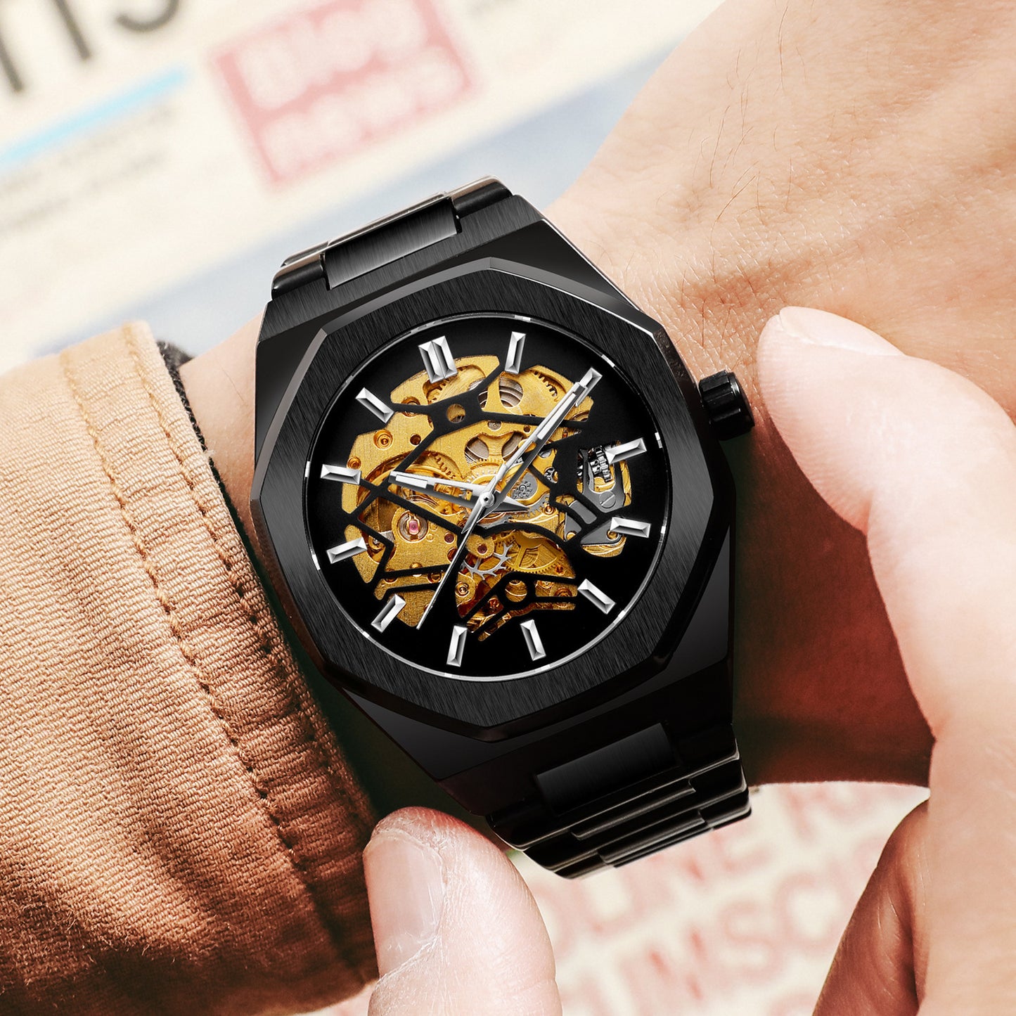 Men's Black Skeleton Automatic Watch | Gold Movement Octagonal Steel Bracelet Mechanical Watch
