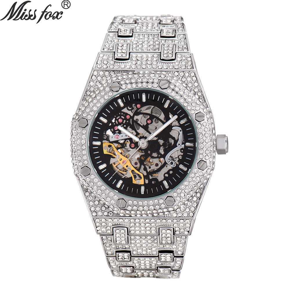 Miss Fox Iced Out Skeleton Watch | Full Diamond Rhinestone Automatic Mechanical Men's Luxury Watch