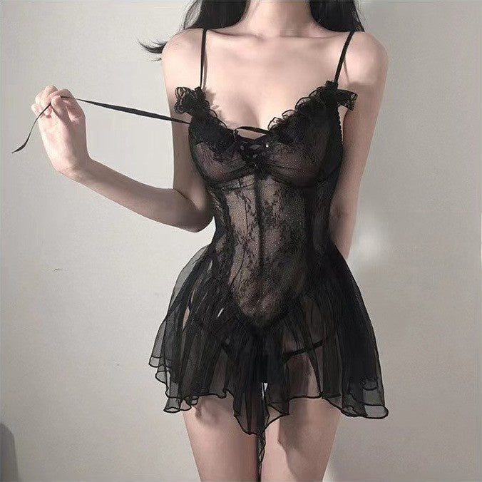 Women's Black Lace Corset Mesh Ruffle Mini Slip Dress ? Sexy Sheer Boned Babydoll Nightgown Lingerie